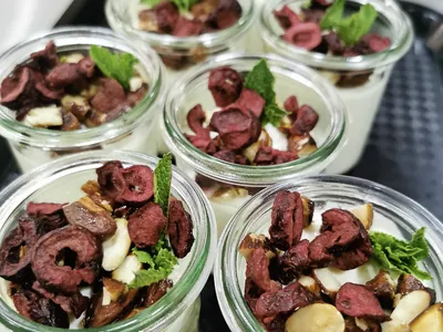 Greek yoghurt mousse flaked almonds dehydrated cherries | Wellness Retreat Ireland