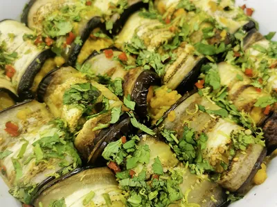 Red lentil dahl stuffed rolled aubergines | Retreat venue
