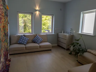 a living room with a couch and windows